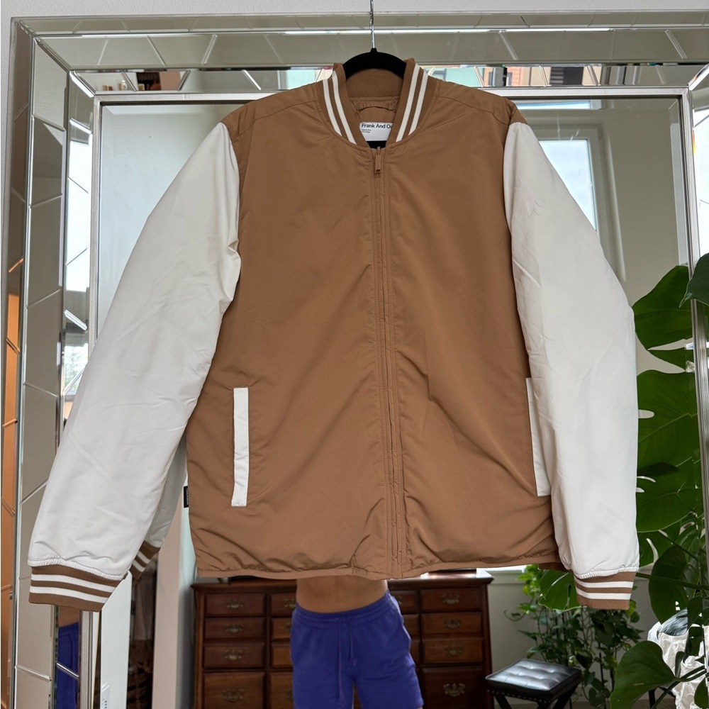 Frank And Oak Men's Tan and White Full Zip Bomber Jacket Size Large